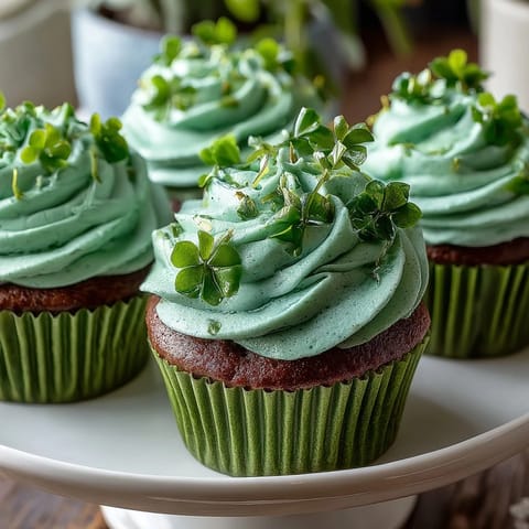 Moist green velvet cupcakes topped with rich vanilla cream cheese frosting, garnished with festive shamrock candies.