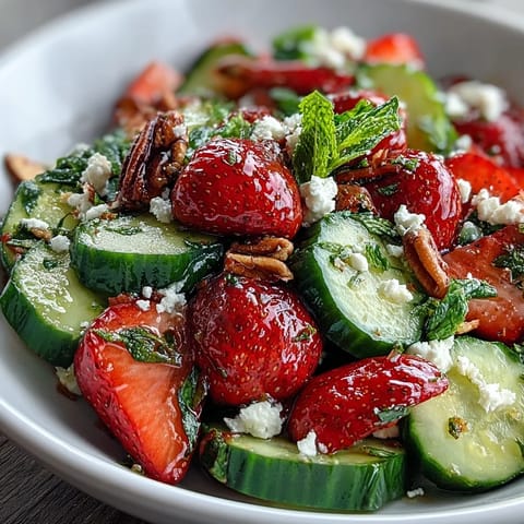 Fresh cucumber and strawberry salad with mint, a vibrant spring dish featuring crisp cucumbers, juicy berries, and fragrant herbs.  