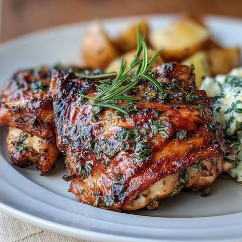 Golden roasted chicken infused with lemon and fresh herbs, surrounded by crispy baby potatoes and garnished with parsley sprigs.