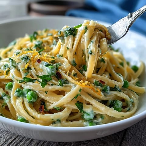 Creamy lemon butter pasta with peas and Parmesan, garnished with fresh parsley, served in a white bowl on a wooden table.