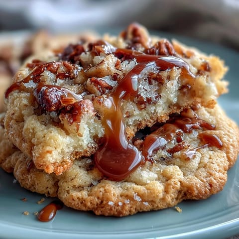 Decadent butter pecan cookies drizzled with caramel, offering a rich, nutty flavor and gooey center.  