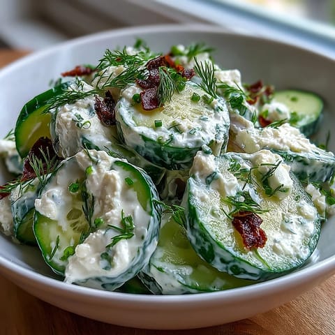 Creamy cucumber salad with dill and Greek yogurt in a white bowl, garnished with fresh dill sprigs and black pepper.