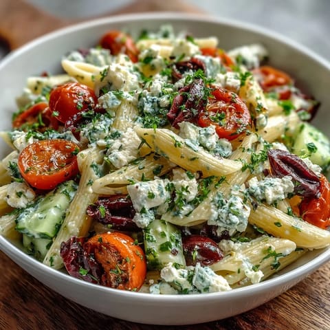 Greek Pasta Salad with Olives and Feta: colorful Mediterranean pasta salad with feta, olives, and crisp vegetables tossed in tangy dressing.