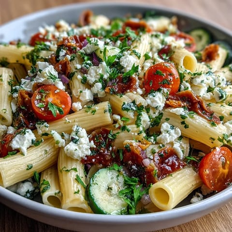 Vibrant Greek Pasta Salad with Olives and Feta: hearty pasta dish featuring briny olives, tangy feta, and fresh vegetables for picnics.