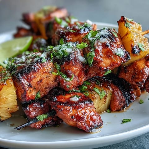Grilled pineapple chicken skewers with juicy chicken and caramelized pineapple chunks, perfect for summer BBQs.  