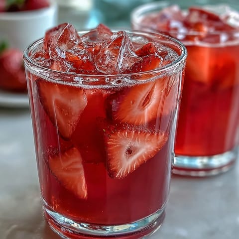 A vibrant pink Starburst refresher with fresh strawberry slices and coconut milk, served over ice for a refreshing treat.