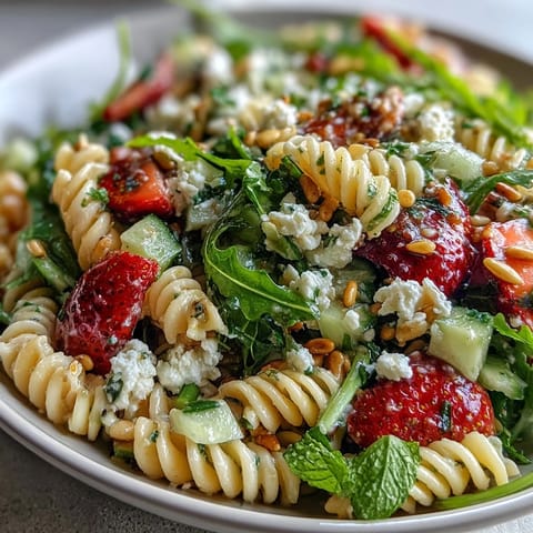 Fresh spring pasta salad with juicy strawberries, creamy feta, and peppery arugula, perfect for a light lunch or picnic.  