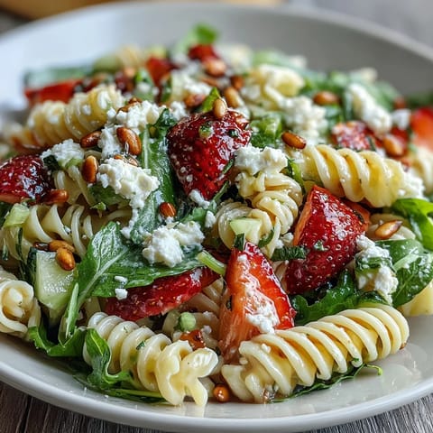 Colorful bowl of pasta salad featuring sweet strawberries, tangy feta, and fresh arugula, tossed in a balsamic dressing.  