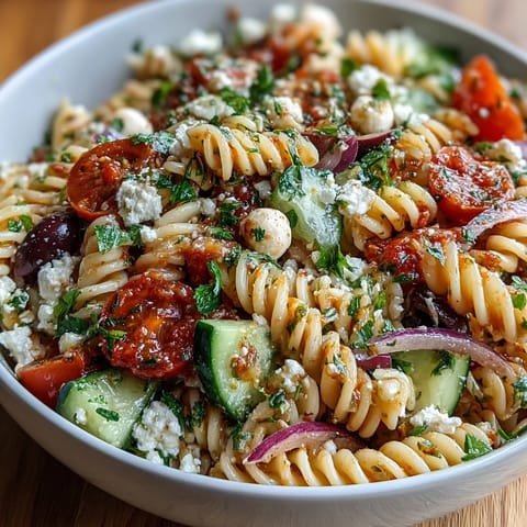 Vibrant summer pasta salad with cherry tomatoes, cucumbers, and Italian dressing, perfect for picnics and potlucks.  