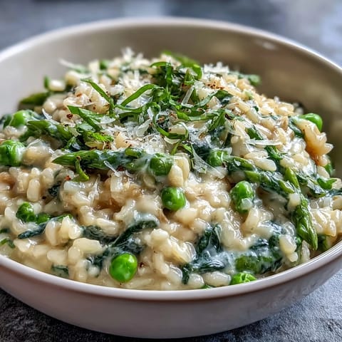 Creamy spring pea risotto with fresh mint, Parmesan, and a hint of lemon zest.  