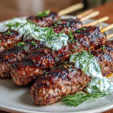 Grilled lamb kofta skewers seasoned with cumin and coriander, served with creamy tzatziki sauce.  