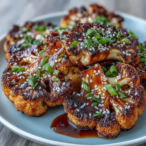 Roasted cauliflower steaks glazed with sweet teriyaki sauce, topped with sesame seeds and scallions for a vibrant vegetarian main dish.  