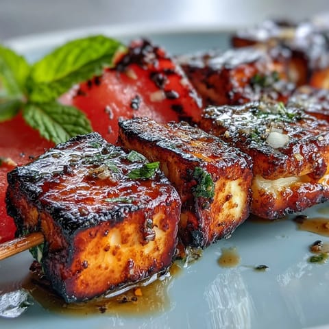 Golden, savory halloumi cheese and sweet watermelon cubes threaded with mint leaves, grilled to perfection for a Mediterranean treat.