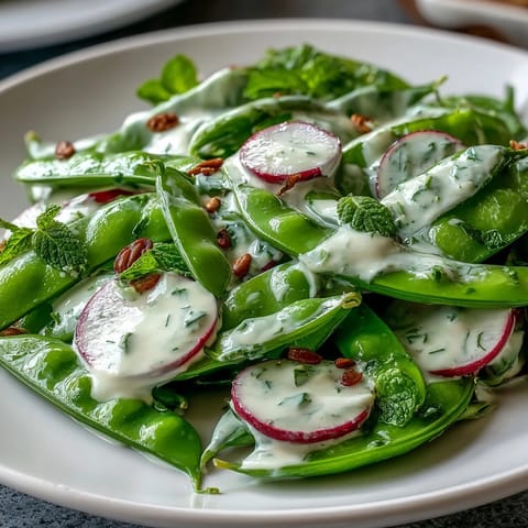 Crisp snap pea and radish salad with fresh herbs and creamy tahini dressing, ideal for a refreshing spring lunch or side dish.