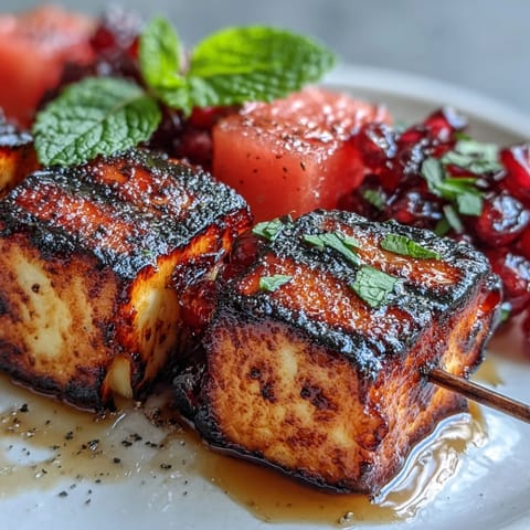 Grilled halloumi skewers with juicy watermelon and fresh mint, perfect for summer barbecues or light appetizers.