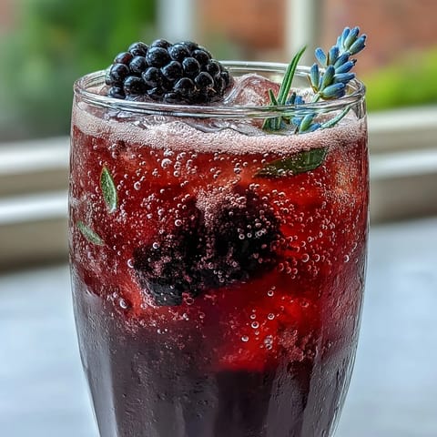 A vibrant glass of blackberry lavender lemonade fizz with sparkling bubbles and fresh berry garnish.