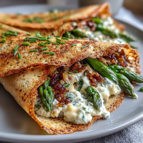 Fresh spring buckwheat crepes filled with seasonal vegetables and creamy herbed cheese, perfect for brunch.  