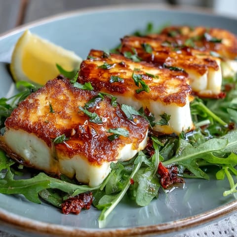 Crispy golden halloumi cheese drizzled with sweet and spicy chili-infused honey over fresh arugula.  