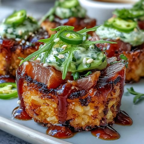 Golden crispy rice topped with vibrant spicy tuna and fresh avocado bites.
