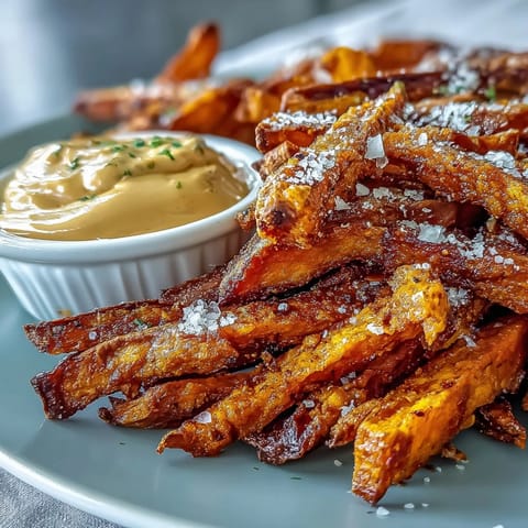 Golden air fryer sweet potato fries with creamy chipotle aioli dip.