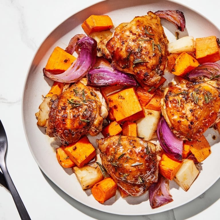 Crisp-skinned Honey Glazed Chicken with tender root vegetables: a flavorful and nourishing rustic dish.