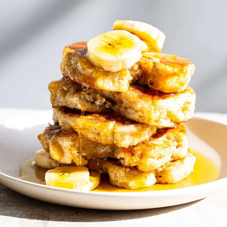 Stack of fluffy Banana Pancakes, enticingly golden-brown, perfect for a cozy weekend breakfast.