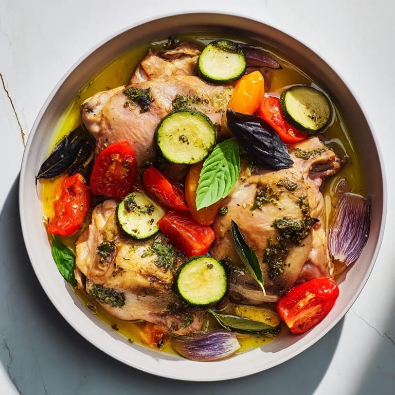 Golden-brown basil-infused roasted chicken and vegetables comprise this easy and flavorful sheet pan dinner.