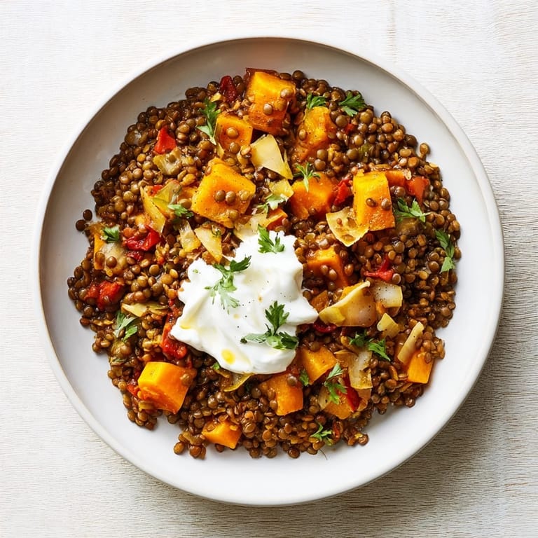 A close-up of Wheat-Warm Hearty Lentil Curry with visible lentils, wheat berries, and vibrant vegetables.