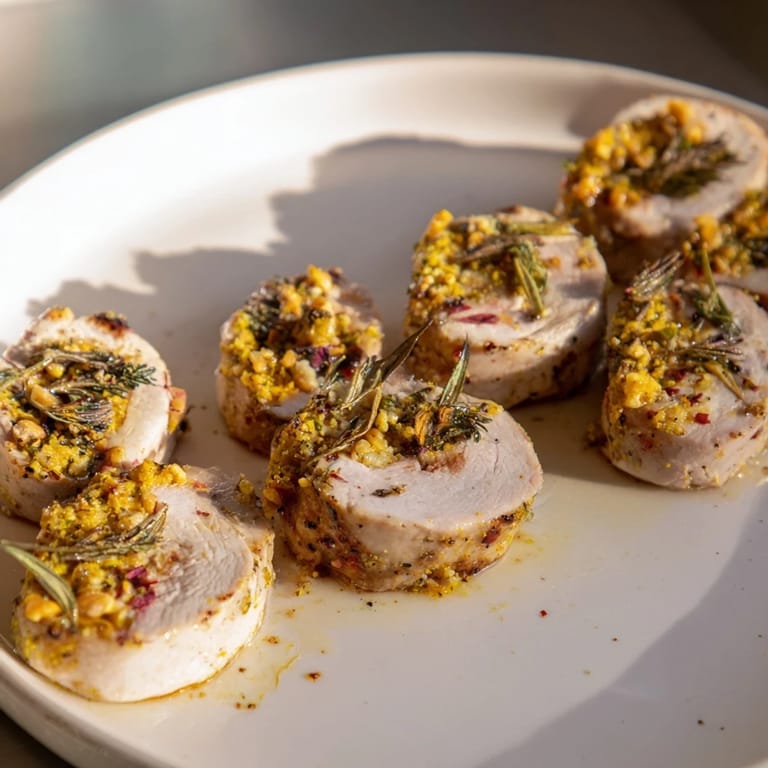 Resting after the oven: Sliced Thyme and Pecan Crusted Pork Tenderloin, ready for serving with sides.