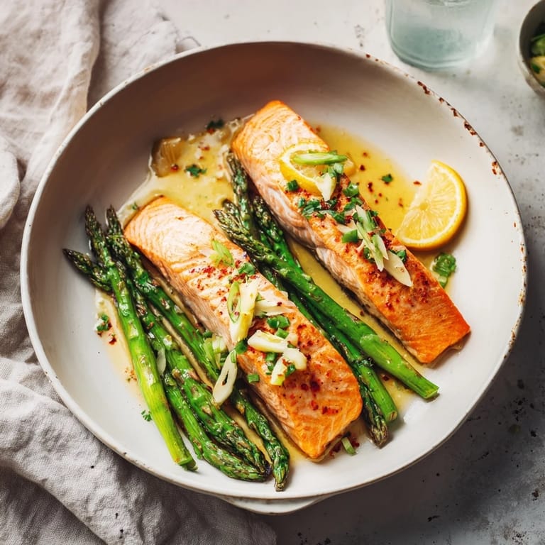 A close-up of delicious Skillet Lemon-Butter Salmon, garnished with parsley and lemon slices, ready to serve.