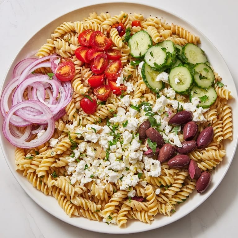 This image shows a beautifully plated Mediterranean Olive Oil and Feta Pasta Salad; a light and flavorful dish.