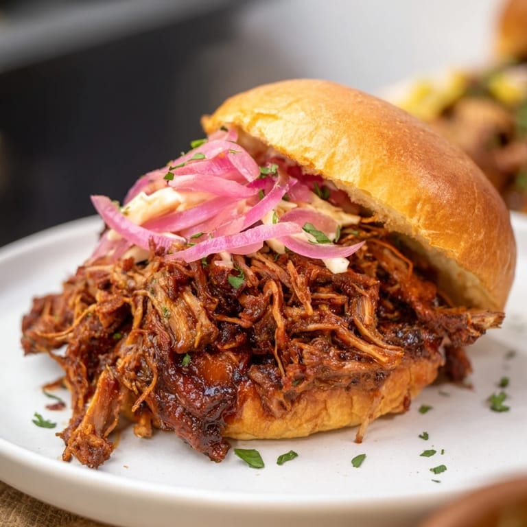 These Fire-Kissed BBQ Pulled Pork Sandwiches offer tender, shredded pork with charred edges and vibrant herbs.