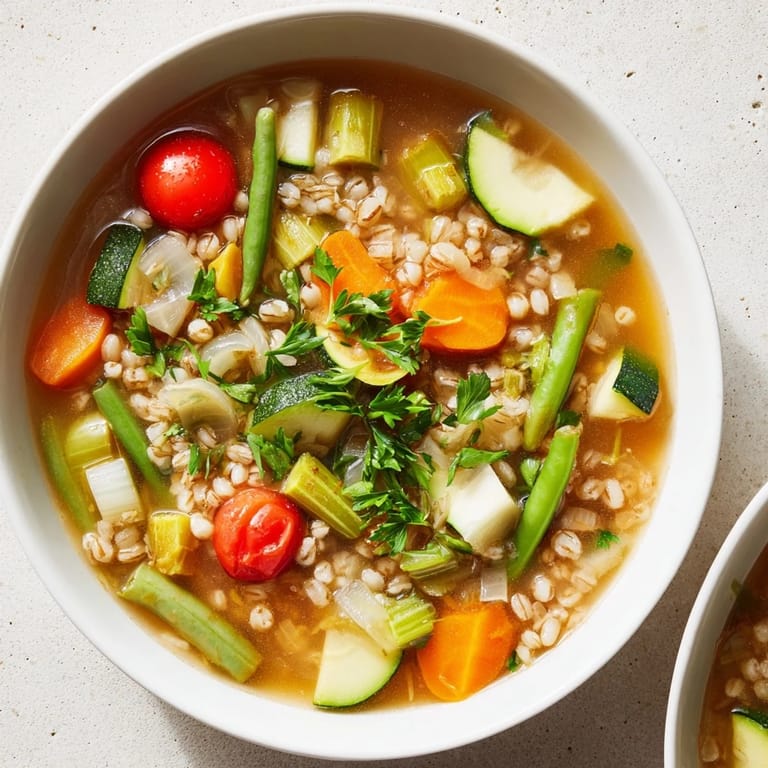 Hearty Simple Homemade Grain and Vegetable Soup: a close-up shows the texture of grains and vegetables perfectly.