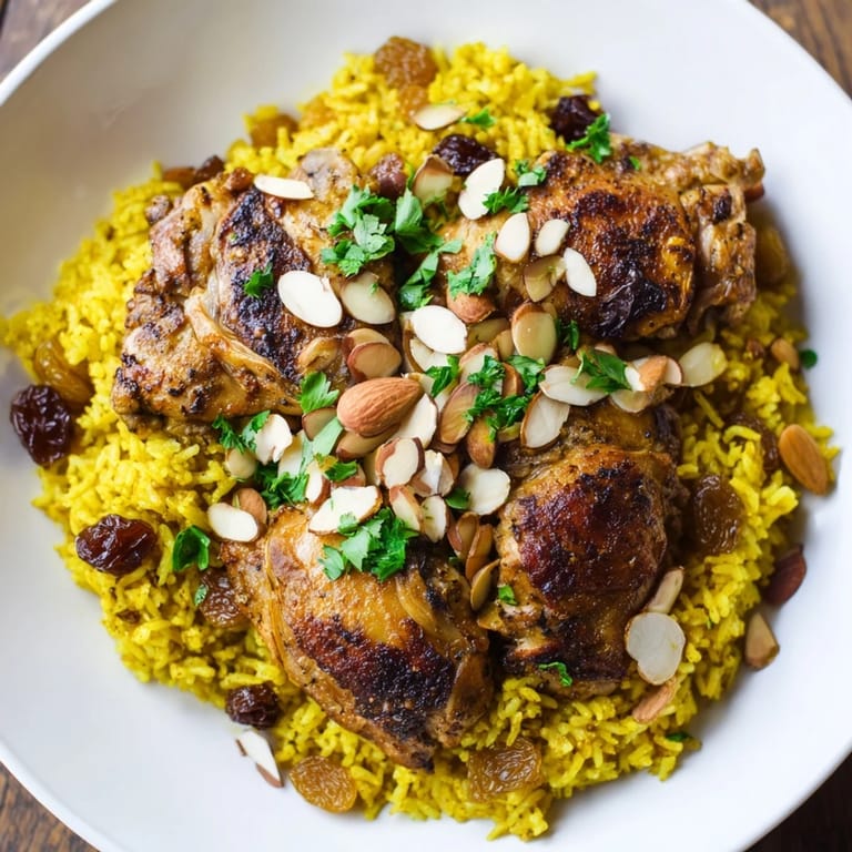 Savory saffron chicken and rice pilaf, topped with toasted almonds and golden raisins, ready to serve.