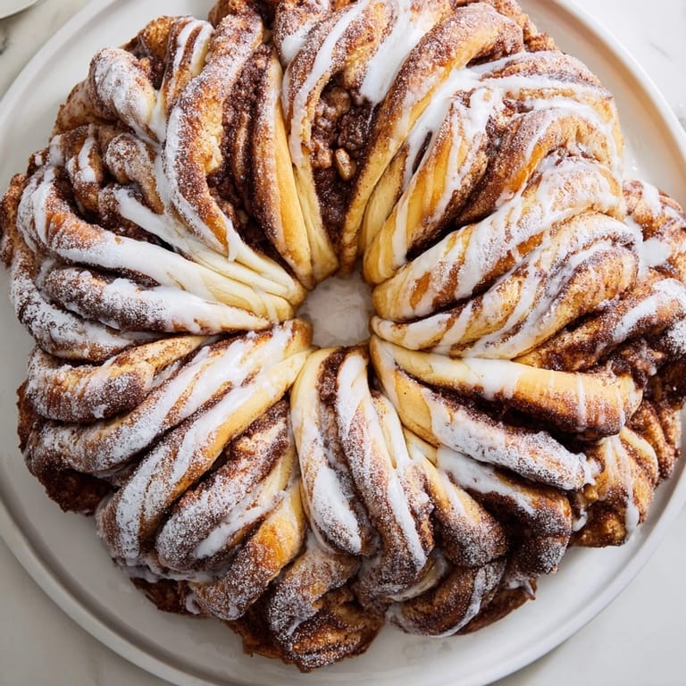 A close-up of a Giant Snowflake Sweet Roll centerpiece, showing flaky layers and cinnamon filling.