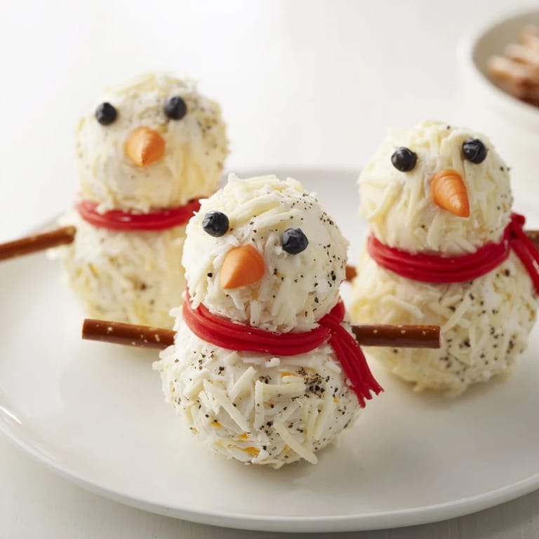 Delightful Snowman Cheese Ball Trio: three adorable, cheesy snowmen appetizers on a platter, perfect for holiday parties.