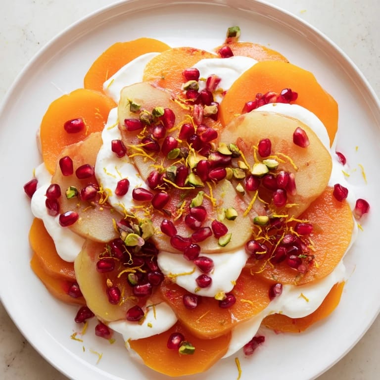 Artistic presentation of Winter Fruit Snowscape, featuring layered persimmons, pears, and snowy mascarpone delight.