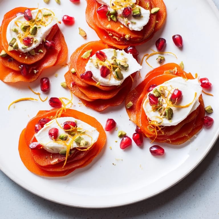 Fresh Winter Fruit Snowscape recipe layered with sweet persimmons and pears, adorned with pomegranate seeds.