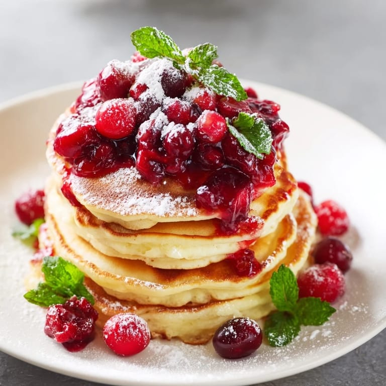 Shareable Brunch Board: Pancake Stack with festive red berry holly, drizzled with maple syrup for a perfect brunch.