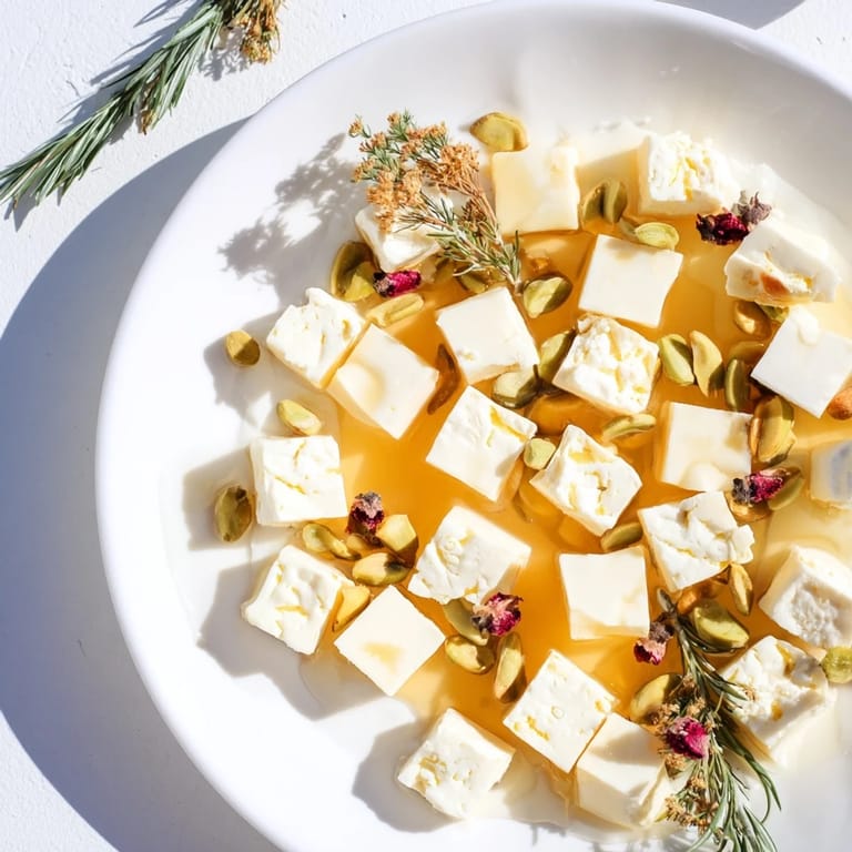 Intricate Honeycomb Hexagon Maze of cheese and nuts, drizzled with honey, ready to serve beautifully.
