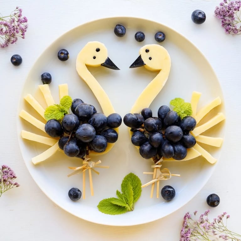 A stunning photo of the Elegant Swan Lake Board appetizer—cheese swan art amid a grape lake.