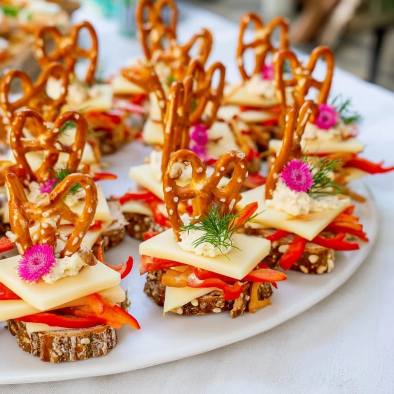 Delicious Rustic Log Cabin appetizer with colorful bell pepper details and crunchy pretzel rod "logs."