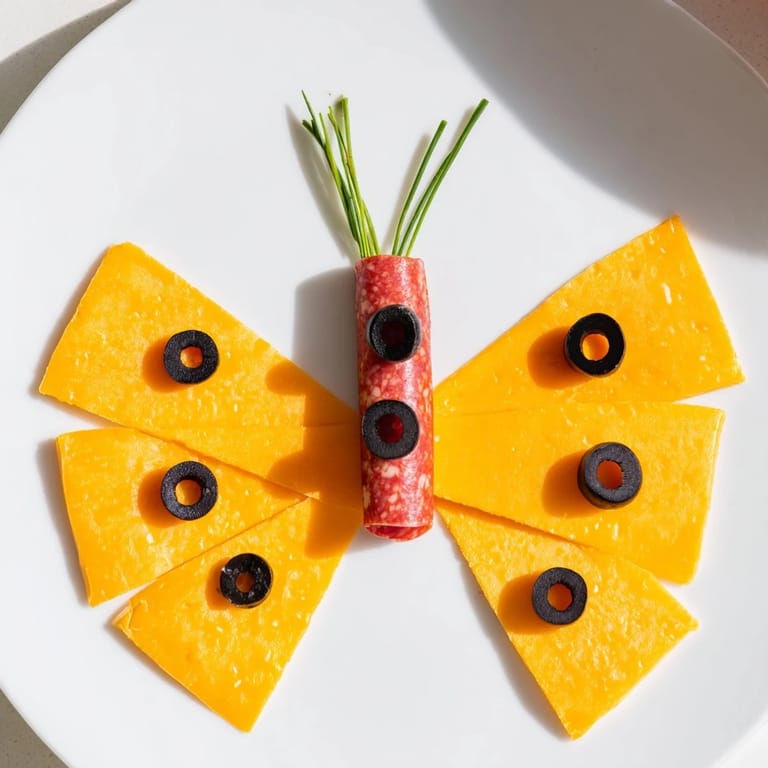 The Butterfly Migration appetizer, a whimsical spread of cheddar wings, olives, and salami, looks so vibrant.