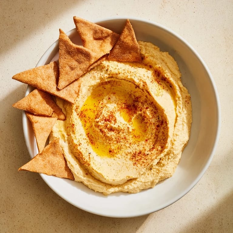 An inviting close-up of the Sahara Dune appetizer: smooth, textured hummus dunes with pita chip 'sand'.
