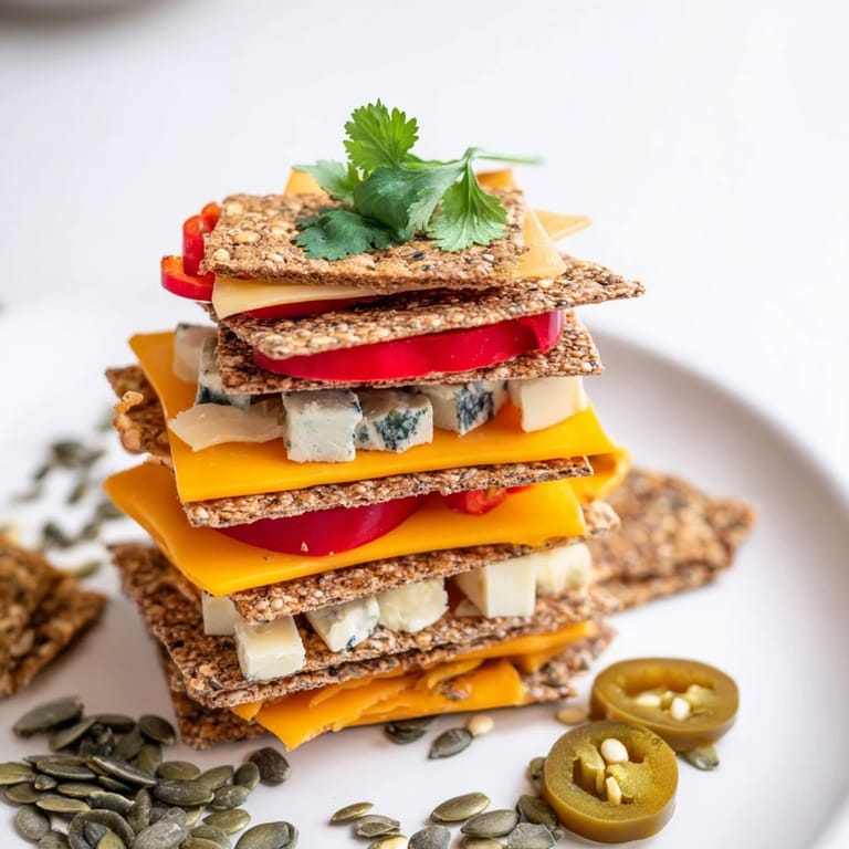 Stacked cheese and cracker The Southwest Mesa, showcasing varied textures with optional jalapeño slices.