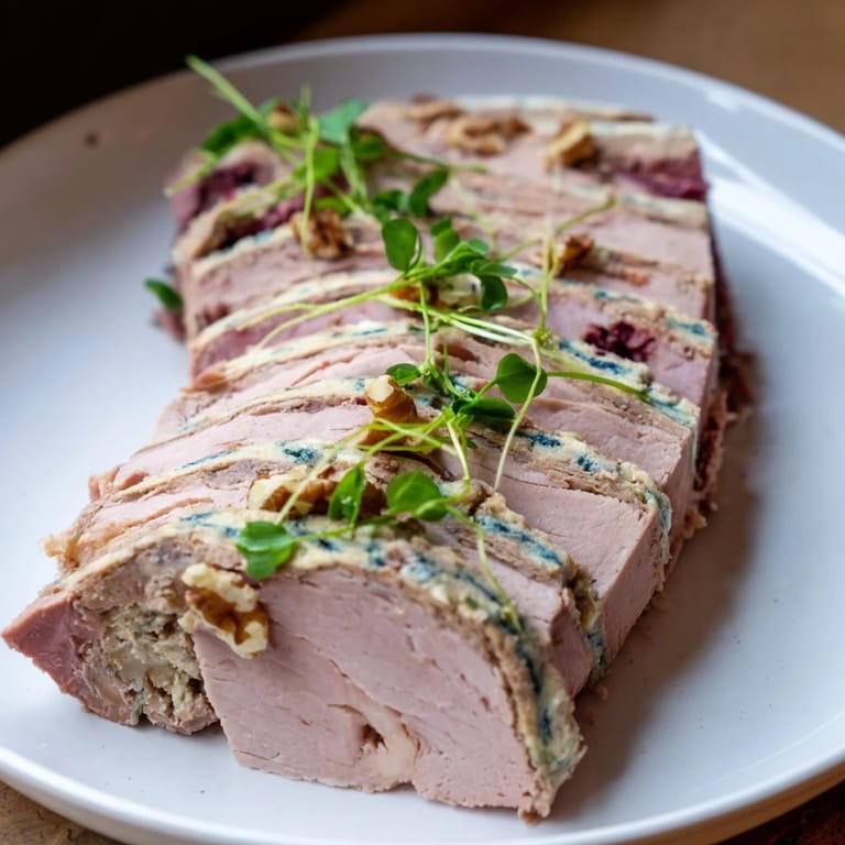 Sliced The Grand Canyon Rim on a platter, showcasing the beautiful layered meat and savory elements.