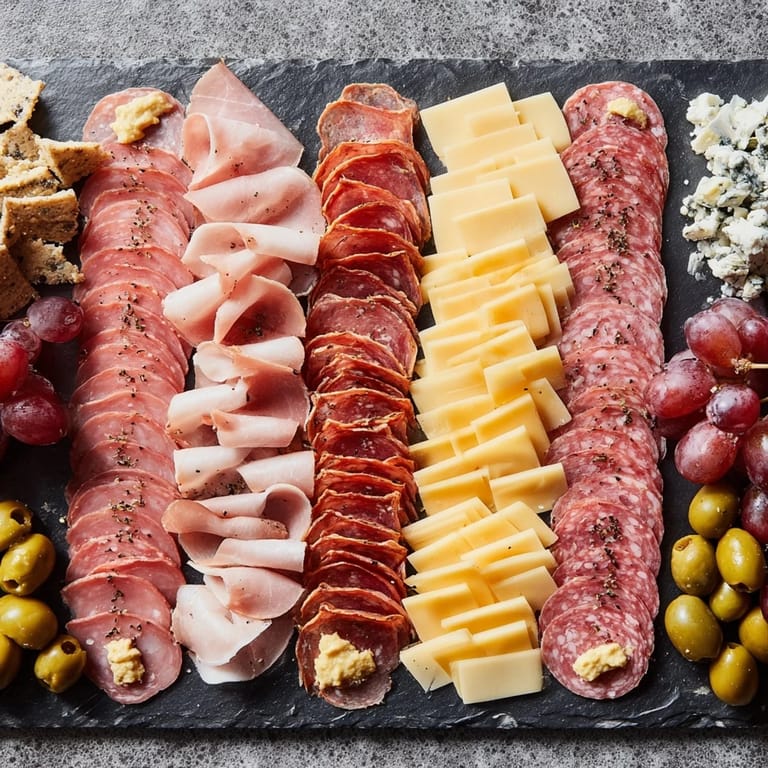 "The Industrial Slate" presents a visually striking charcuterie board with cold cuts and cheese, ready to serve.