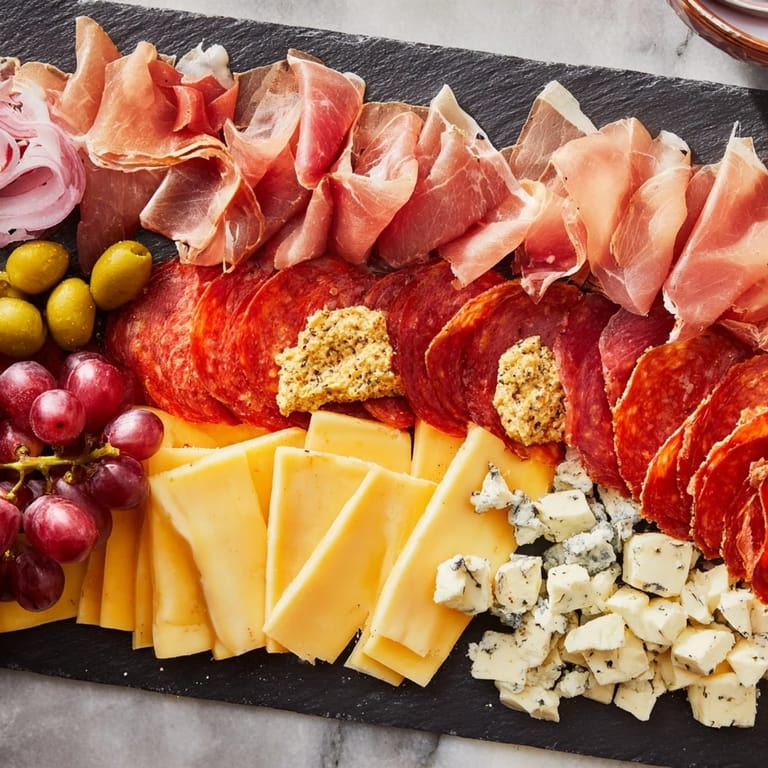 A modern, minimalist arrangement of "The Industrial Slate" featuring meats, cheeses, and accompaniments on a slate slab.