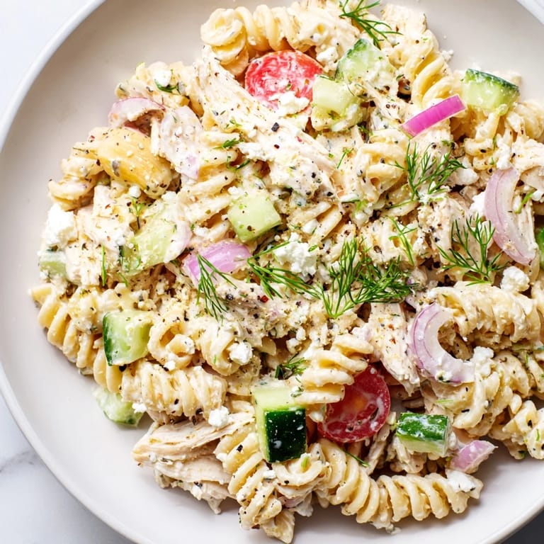 A refreshing bowl of Everything Bagel Chicken Pasta Salad, perfect for a summer picnic or lunch.
