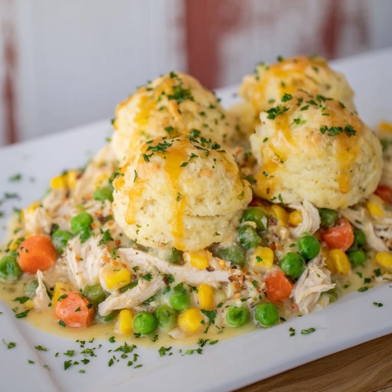 Creamy, bubbling Chicken Cobbler featuring tender chicken and cheddar biscuit baked to perfection.